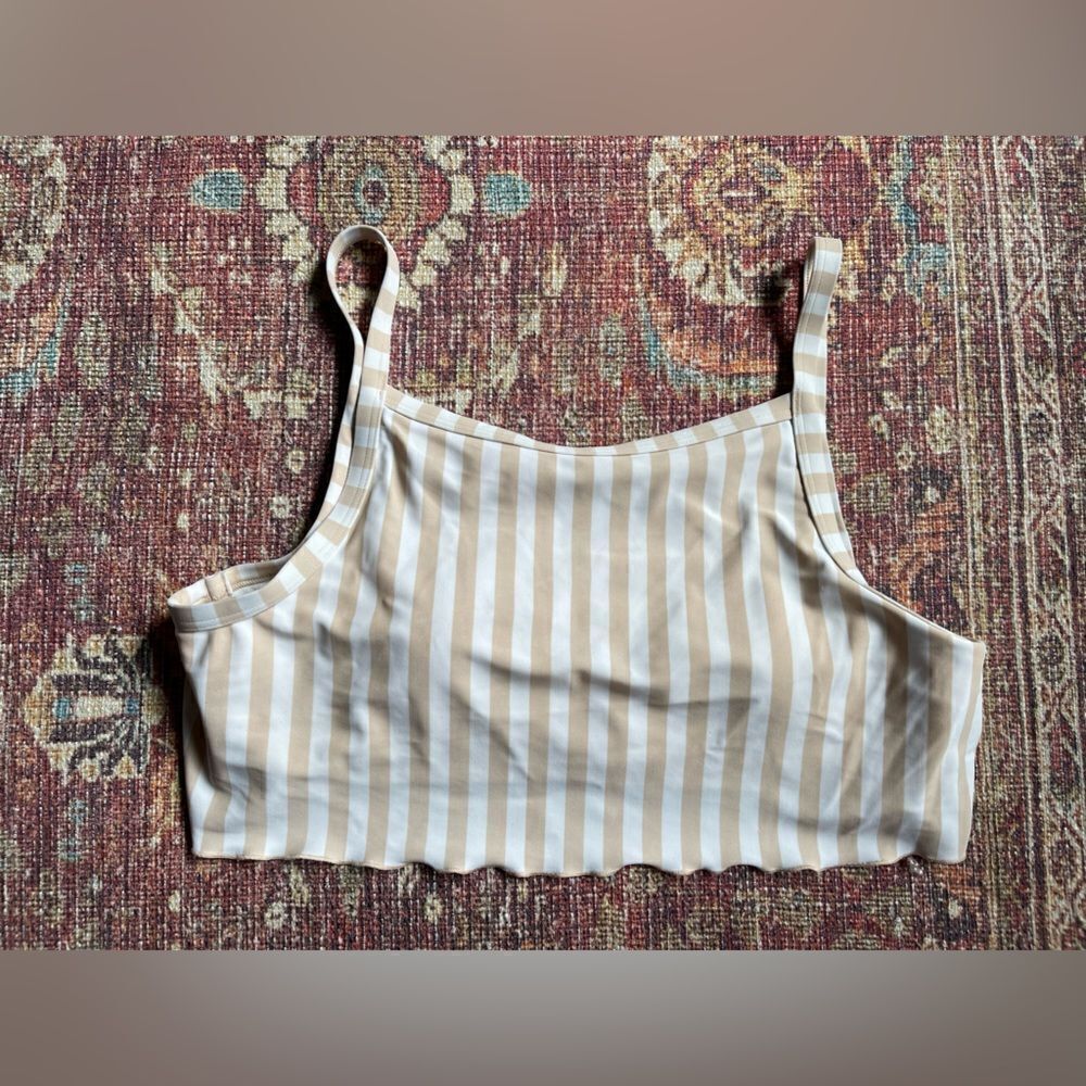 Hollister Swim Striped Beige and White ruffle bottom detail Bikini top